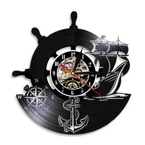 Anchor Ship Naval Compass Vinyl Record Wall Clock Nautical Vintage Modern Hanging Watches Sailors Art Captain Sailing Gift