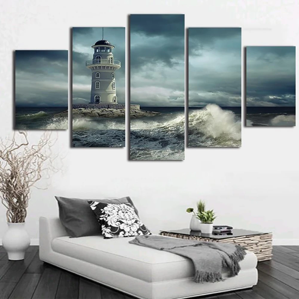 

5 Pieces Wall Art Canvas Painting The Lighthouse Nature Scenery Home Decoration Living Room Modular Framework Pictures