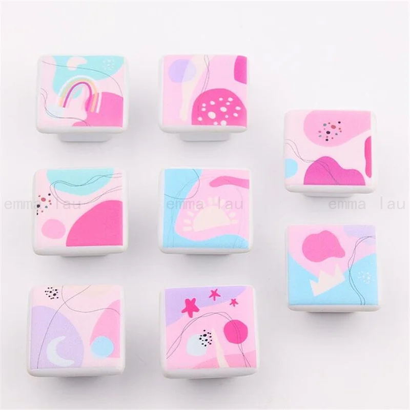 Ceramic Knob and Handle Pink Printed Small Square Cabinet Door Knob Children's Room Drawer Bookcase Single Hole Handle