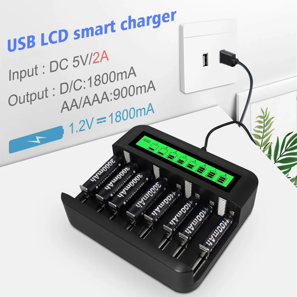 PALO 8 slots LCD Display Smart USB Battery Charger For 1.2V Nimh Nicd Type C D AA AAA Rechargeable Battery Fast Charge Device