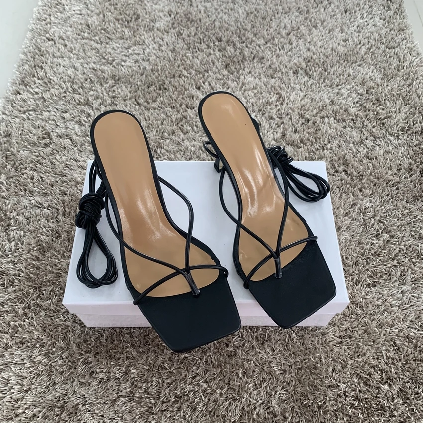 2021 New Fashion Sexy Shoe Women Sandals Square Toe Thin Heel Cross-Strap Party Shoes High Heels 9CM Black White Size 35-42