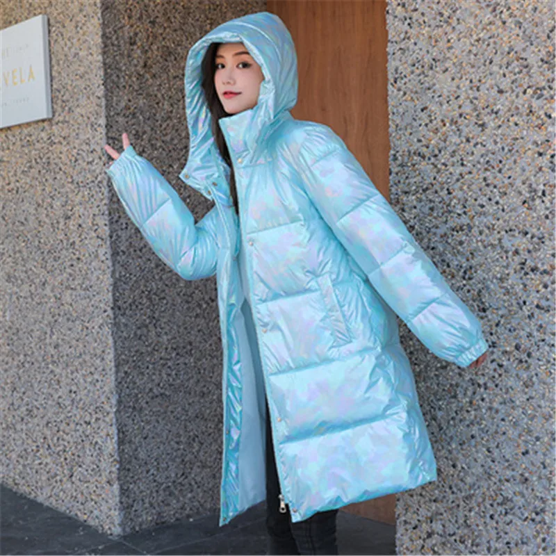 2022 New Long Winter Jacket Women Hooded Laser Solid Ladies Casual Parkas Thick Zipper Cotton Padded Warm Outwear for FemaleA663