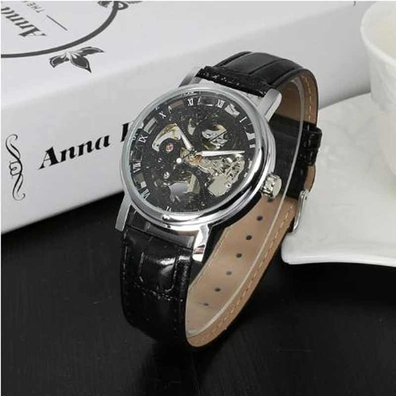 2021 Top Brand Fashion Luxury Casual Watch Winner Hollow Dial Design Clock Manual Winding Waterproof Leather Wristband Watches