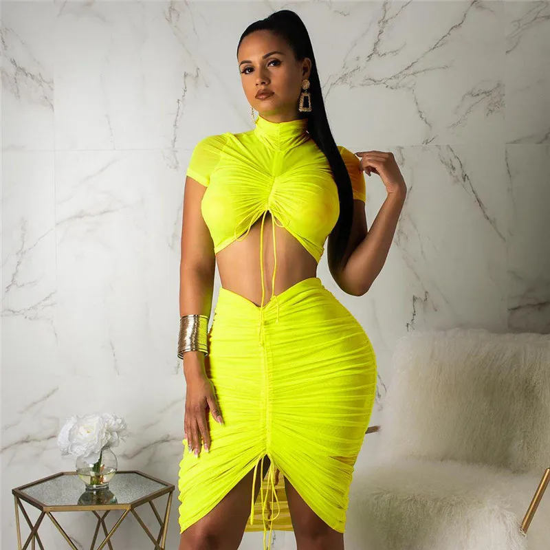 Neon Drawstring Bandage Two Piece Skirt Sets Women Turtleneck Ruched Crop Top + Mini Skirt Sexy Night Club Party 2 Piece Outfits