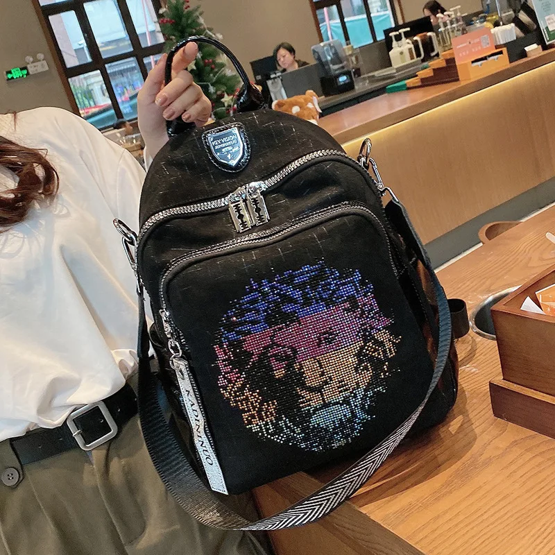 Woman Backpack Vintage PU Leather Dual Purpose Backpack High Capacity Girls School Bag Fashion Rhinestone Sequin Elegant Bagpack