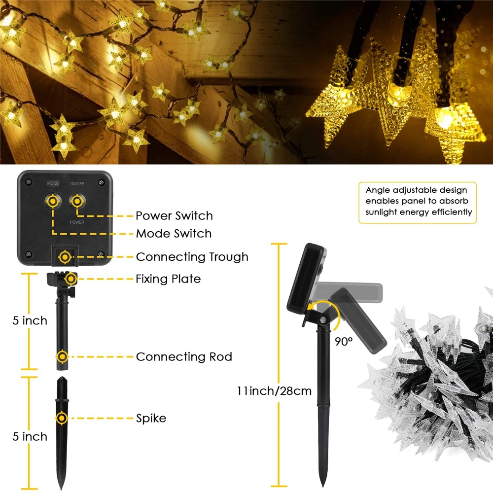 Imagem -05 - Luz Solar ao ar Livre Pendurado Estrela Led String Luzes de Fadas Solar Guirlandas Jardim Pation Decoração Natal Iluminação do Feriado