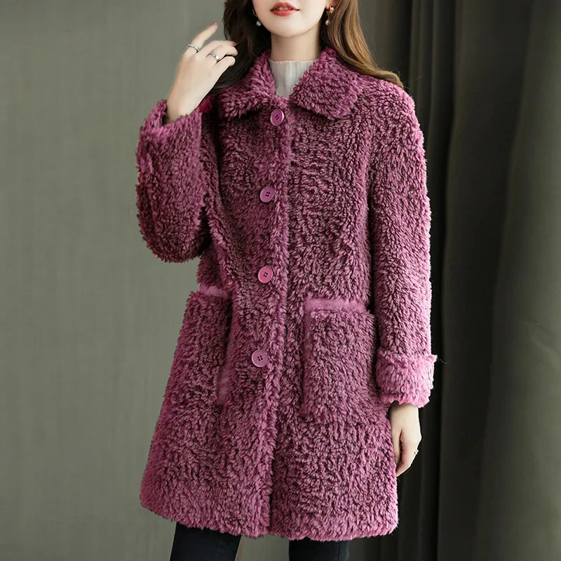 2023 Mulheres Inverno New Grain Wool Sheep Shearing Coat Mulheres de Comprimento Médio Coreano Casaco De Pele De Lã Femme Feminino Casaco Sobretudo quente