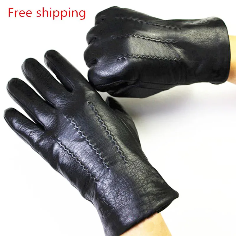 Men Winter Genuine Leather Gloves Deerskin Watermark Pattern Wool Lining Velvet Lining Free Shipping