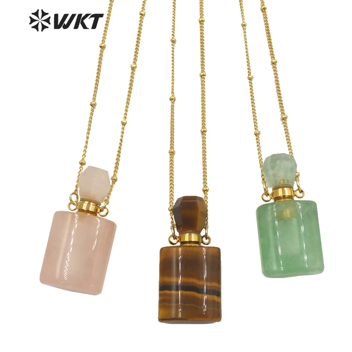 

WT-N1285 Wholesale newest gold plated natural stone Pink quartz square essencial oil bottle necklace double loop perfume necklac