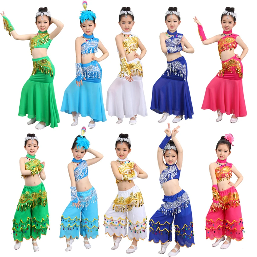 Abbigliamento tradizionale cinese per ragazze Hanfu paillettes pavone Folk Dai Dance Costume Stage Performance Festival Outfit 110-160CM