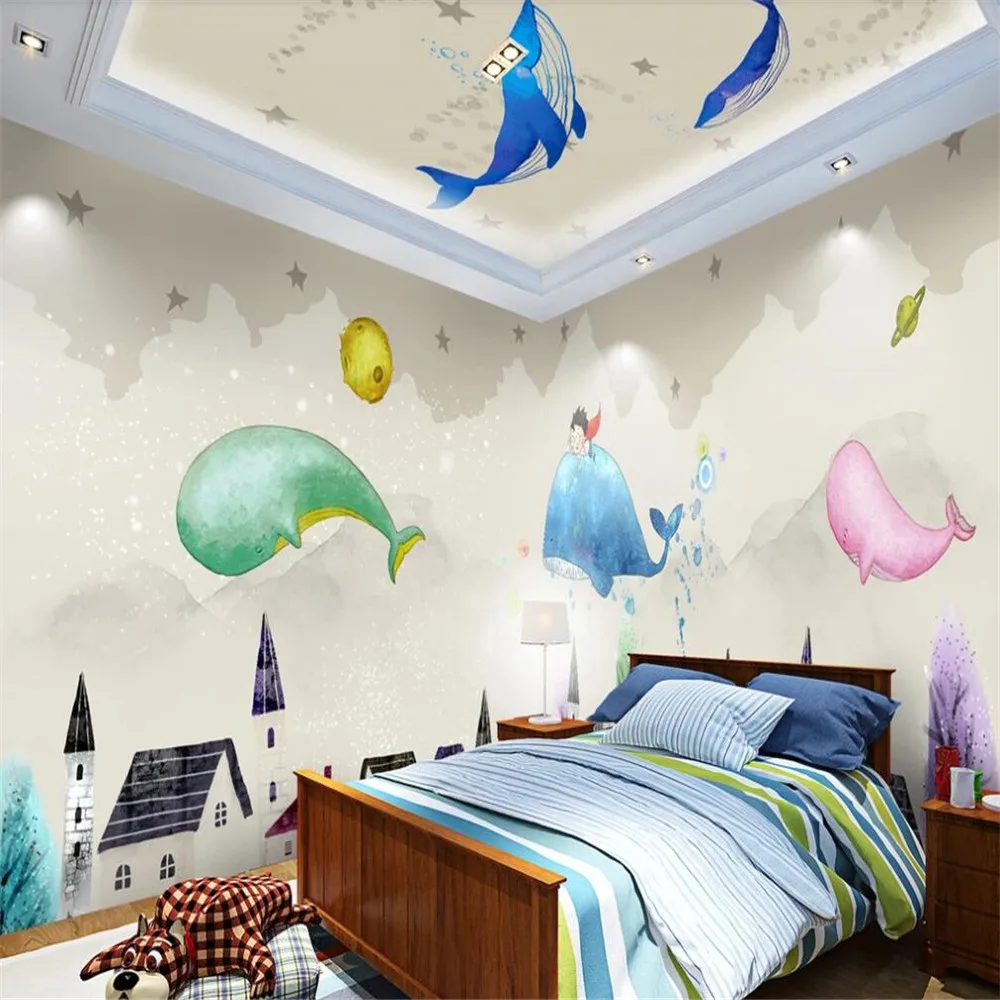 

Milofi custom large wallpaper mural cartoon cute whale castle theme space whole house background wall decoration painting