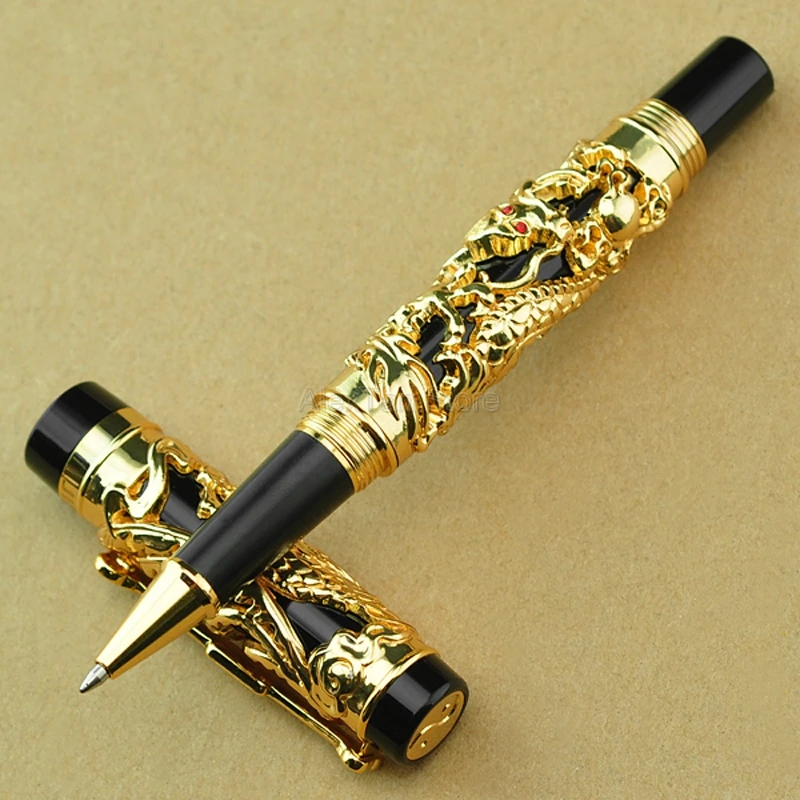 

Jinhao Business Dragon Phoenix Rollerball Pen, Metal Carving Embossing Heavy Pen, Golden & Black For Professional Gift Pen