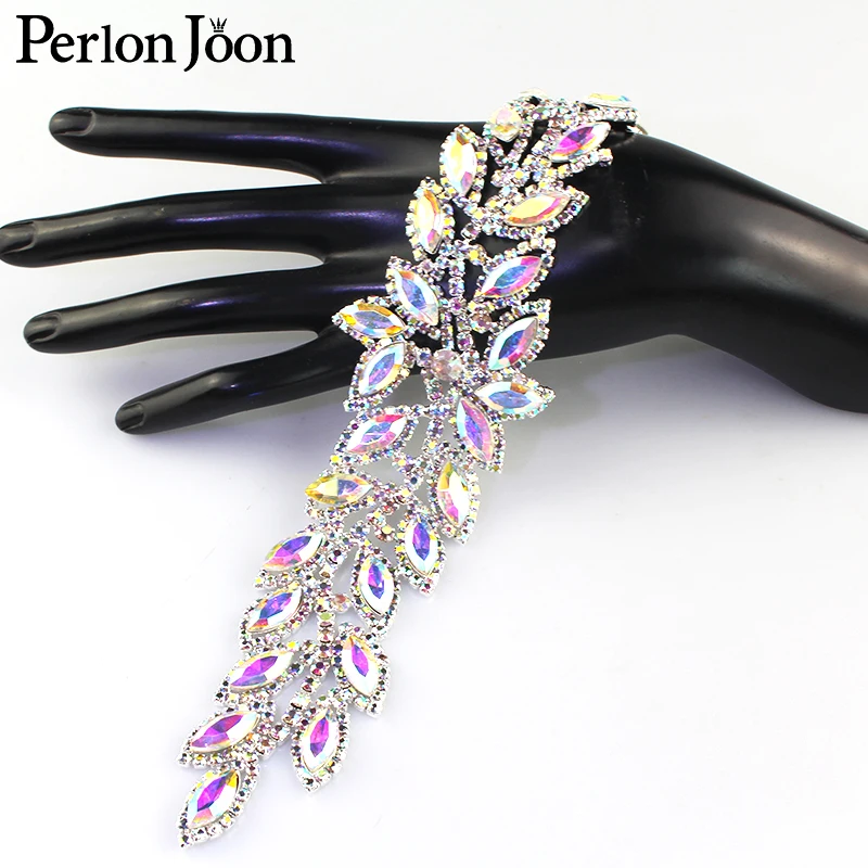 1pcs Ab rhinestone leaves patch Crystal long applique plating sliver sew on Wedding dress decoration accessories YH C035