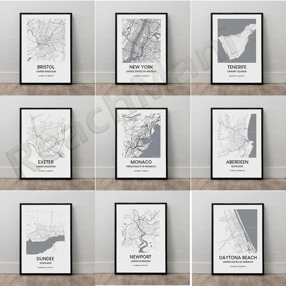 Map poster, Bristol England, Cork Ireland, Bruges Belgium, Monaco map print black and white Principality travel print coordinate