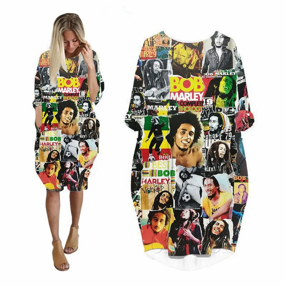 CLOOCL Fashion Bob Marley Dress Cosplay 3D Printed Loose Long Sleeves Streetwear Female Casual Party Dress Women Pocket Dresses