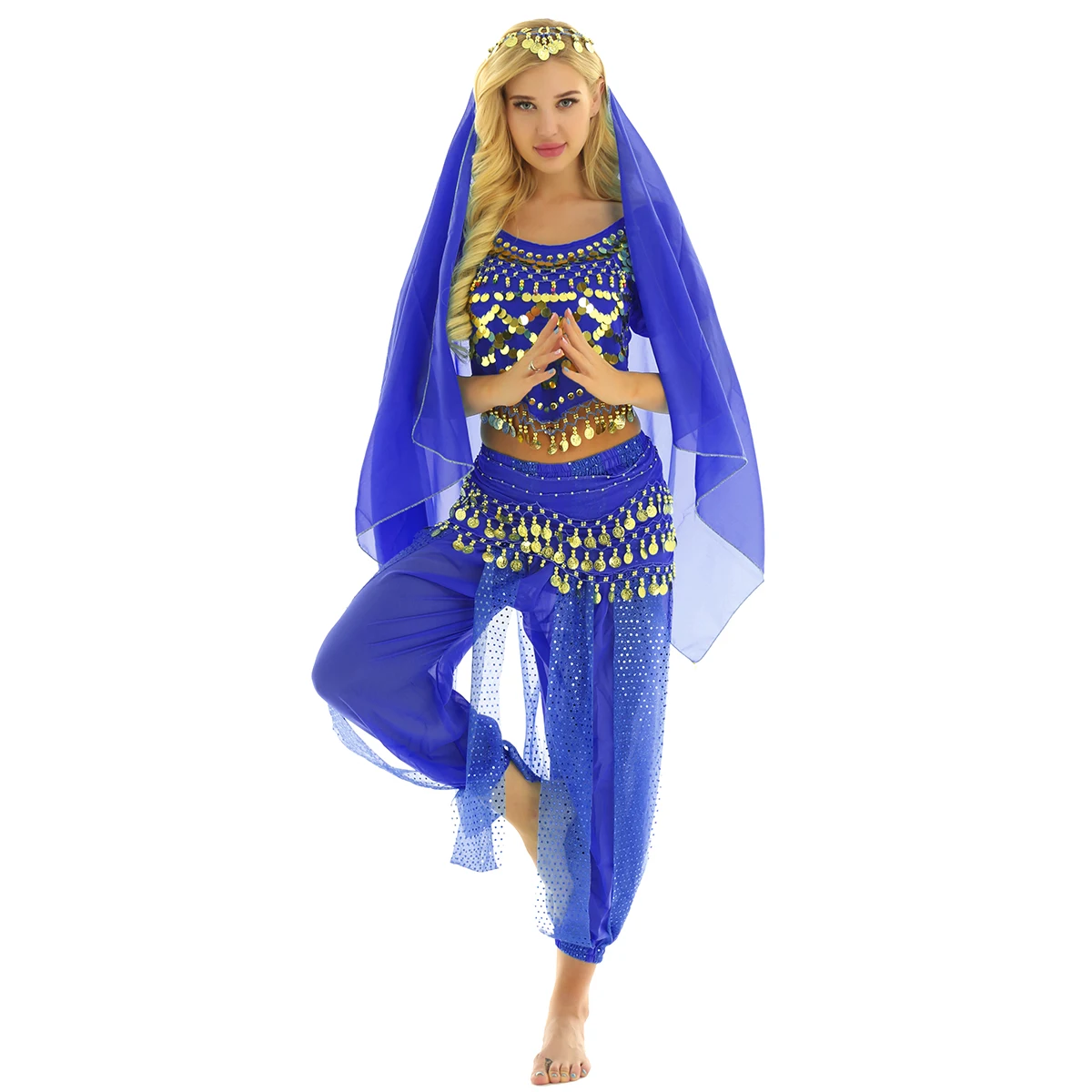 4Pcs Women Indian Belly Dance Outfit Carnival Bellywood Costume Puff Sleeve Sequin Crop Top with Harem Pants Hip Scarf Headscarf