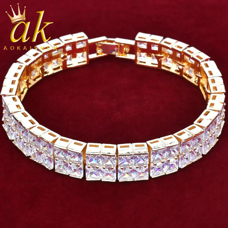 Aokaishen Baguette Tennis Bracelet 8 inch Iced Out for Men Real Gold Plated Hip Hop Jewelry