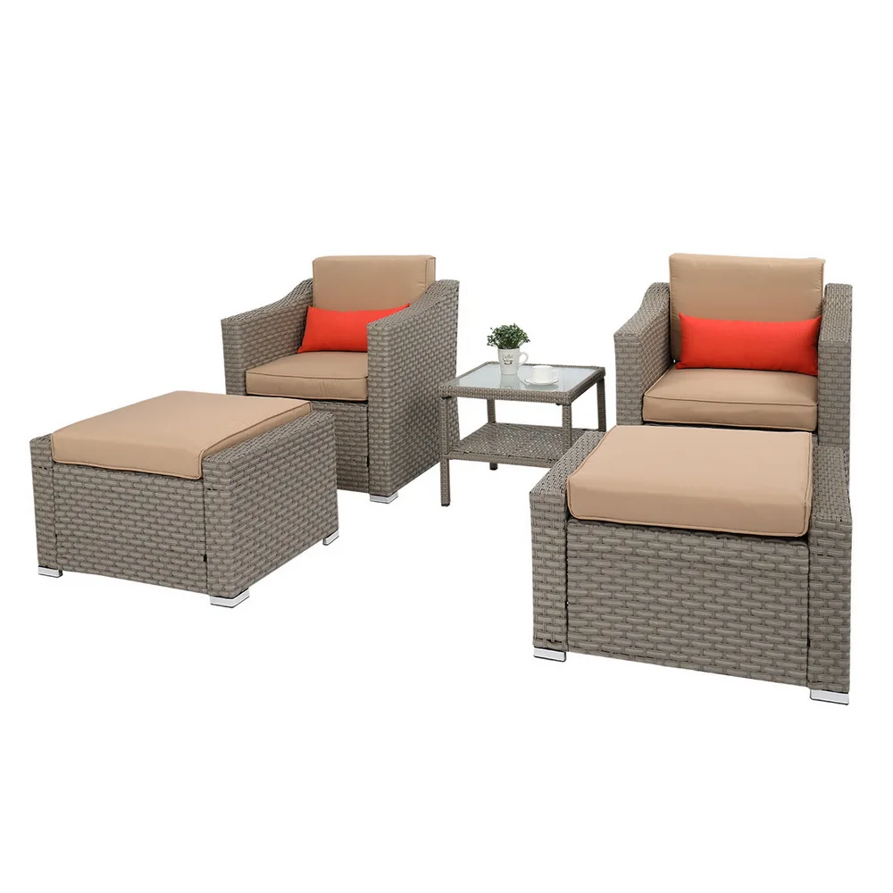 5Pcs Outdoor Patio Furniture Set Suit Include 2 Double Contiguous Single Sofa 2 Pedals 1 Double Coffee Table Wide Rattan Gray