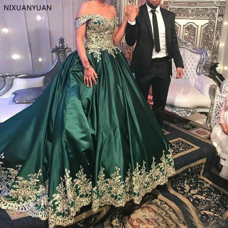 Vestido De novia verde De satén con hombros descubiertos, traje De novia con lentejuelas, apliques dorados, para boda