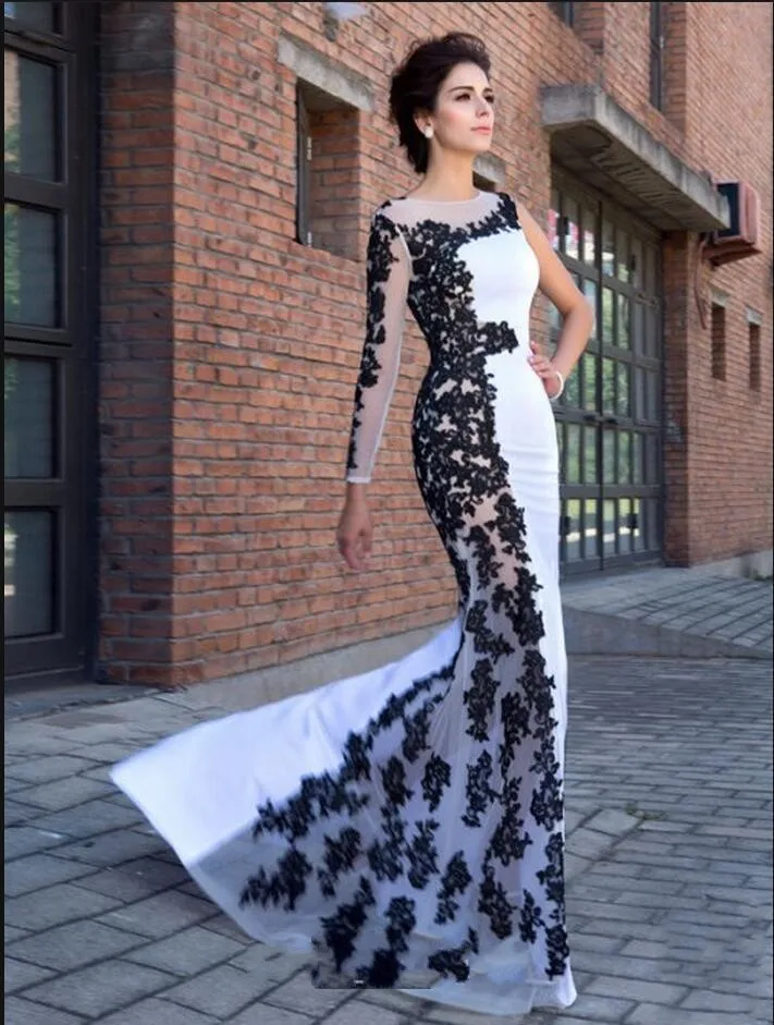 Abito da sera Sexy 2023 elegante sirena musulmana trasparente maniche lunghe Appliques pizzo una spalla Prom abiti da festa Robe De Soiree