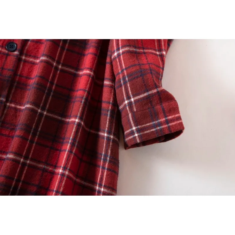 2024 Spring Autumn Women Casual Plaid Night Dress Female 100% Cotton Nightgown Long Sleeve Sleepshirts Large Size Home Dress