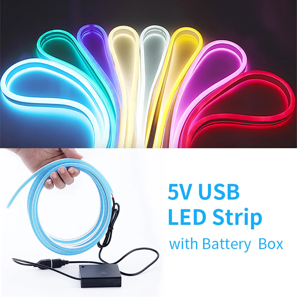 

DC5V LED Strip Waterproof Neon Light Lamp USB/Battery Powered Flexible Neon Rope Ribbon 2835 120Leds/m Soft Diode Tape 0.5M-5M