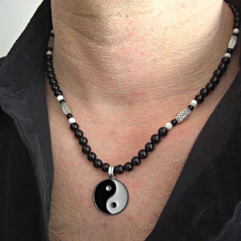 Yin Yang pieces Pendants Necklace, White Howlite, Mens Black Onyx Necklace, Mens Yin Yang Jewelry,