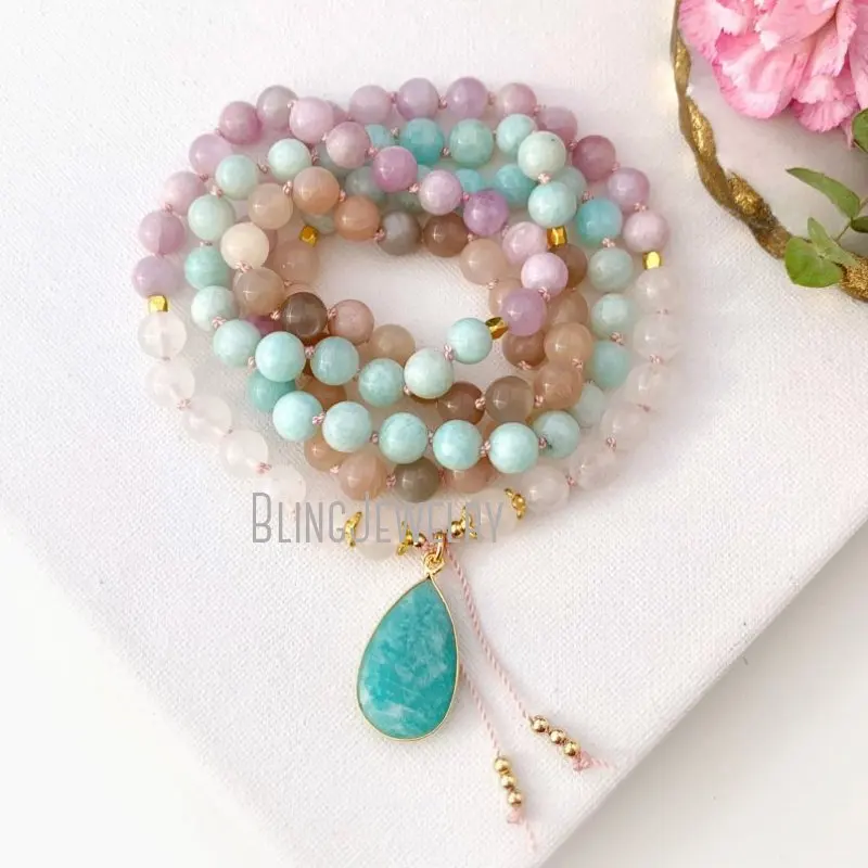 MN35023 Moonstone Mala Necklace Amazonite Kunzite  Beads 108 Prayer  Yoga Gift