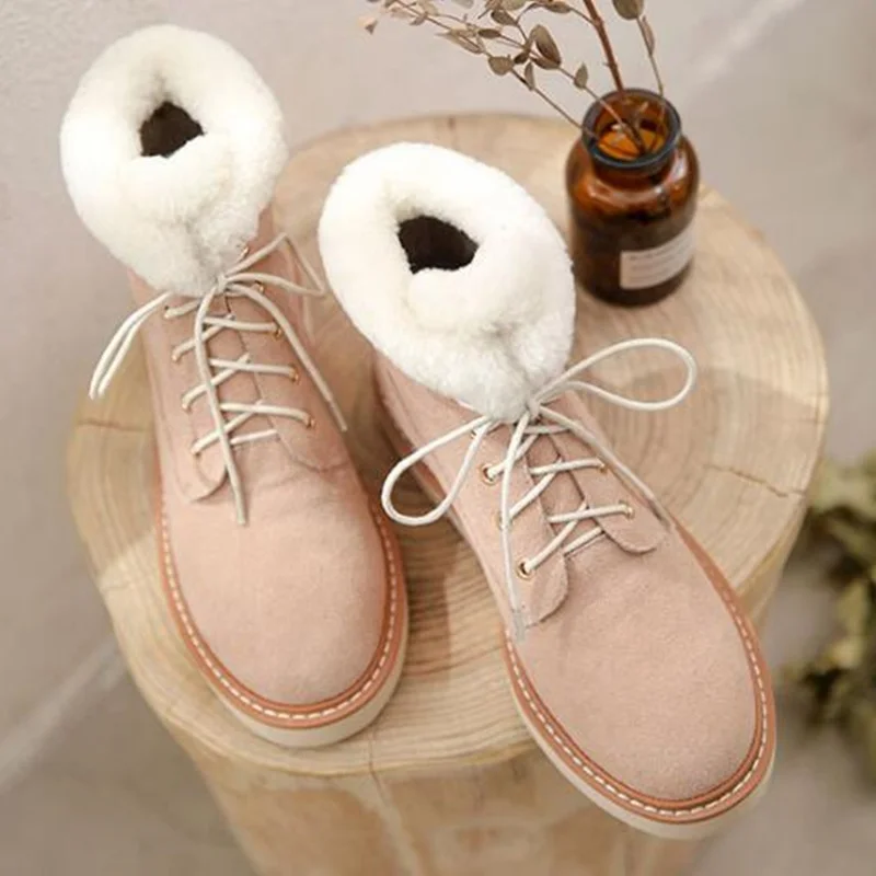 Women Winter Snow Boots Round Toe Low Heels Strap Tied Thickened Cold Weather Shoes Solid Suede Nude Genuine Cow Leather Booties