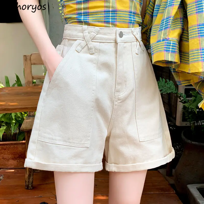 

Women High Waist Shorts Denim Solid Simple All-match Korean Style Streetwear Sweet Cool Girl Fashion Loose Cozy Retro Daily Chic