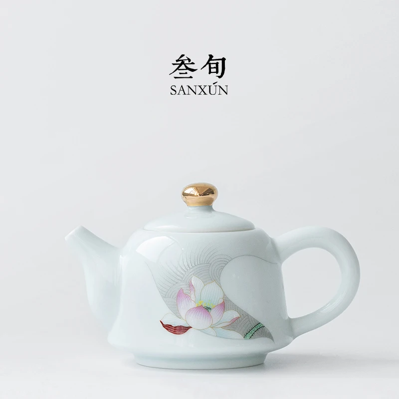 

Three ten-day qing lotus ceramic teapot kung fu tea teapot Chinese manual single pot home with filtration green pot