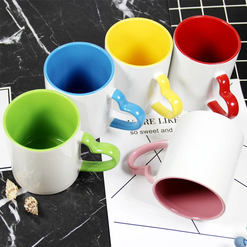 350ml 12OZ Custom Photo Pictures Logo Text Ceramic personalized Mug Diy Heart Shape Handle Color Inside and Color Heart Hand Cup