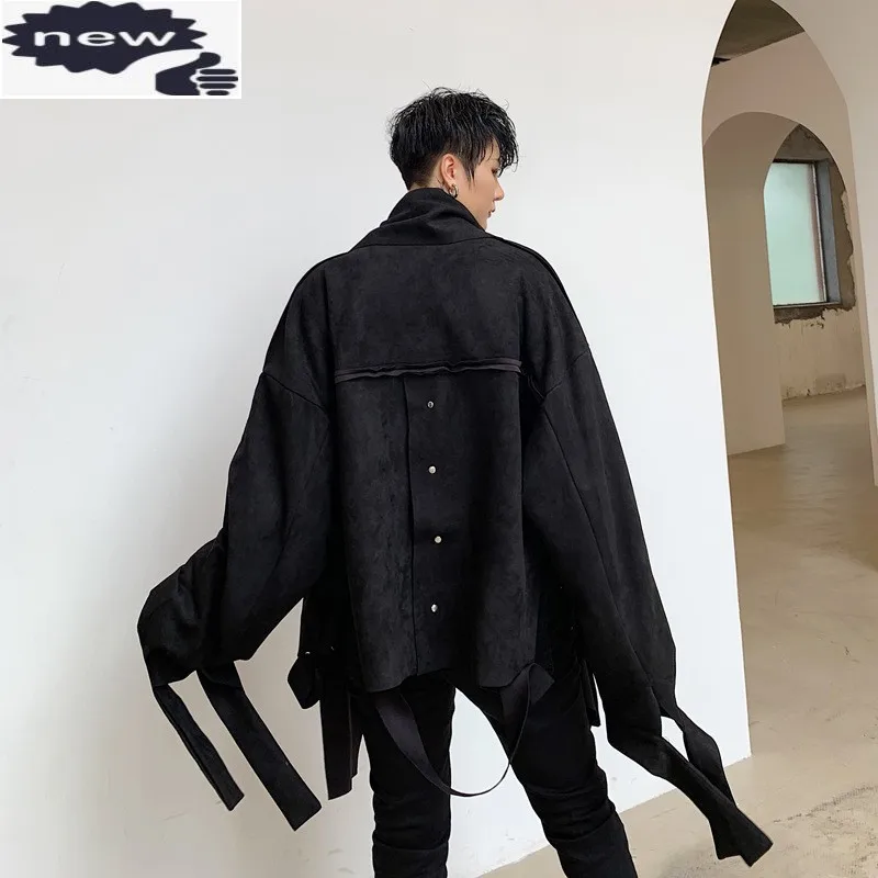 

Personality Designer New Irregular Men Suede Jackets High Street Autumn Casual Loose Fit Stand Collar Black Male Outerwear Coats