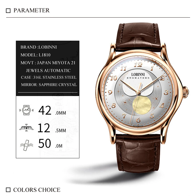 LOBINNI 2021 Top Luxury Brand Men Moon Phase Watch Brown Leather Strap Waterproof Automatic Mechanical Watches