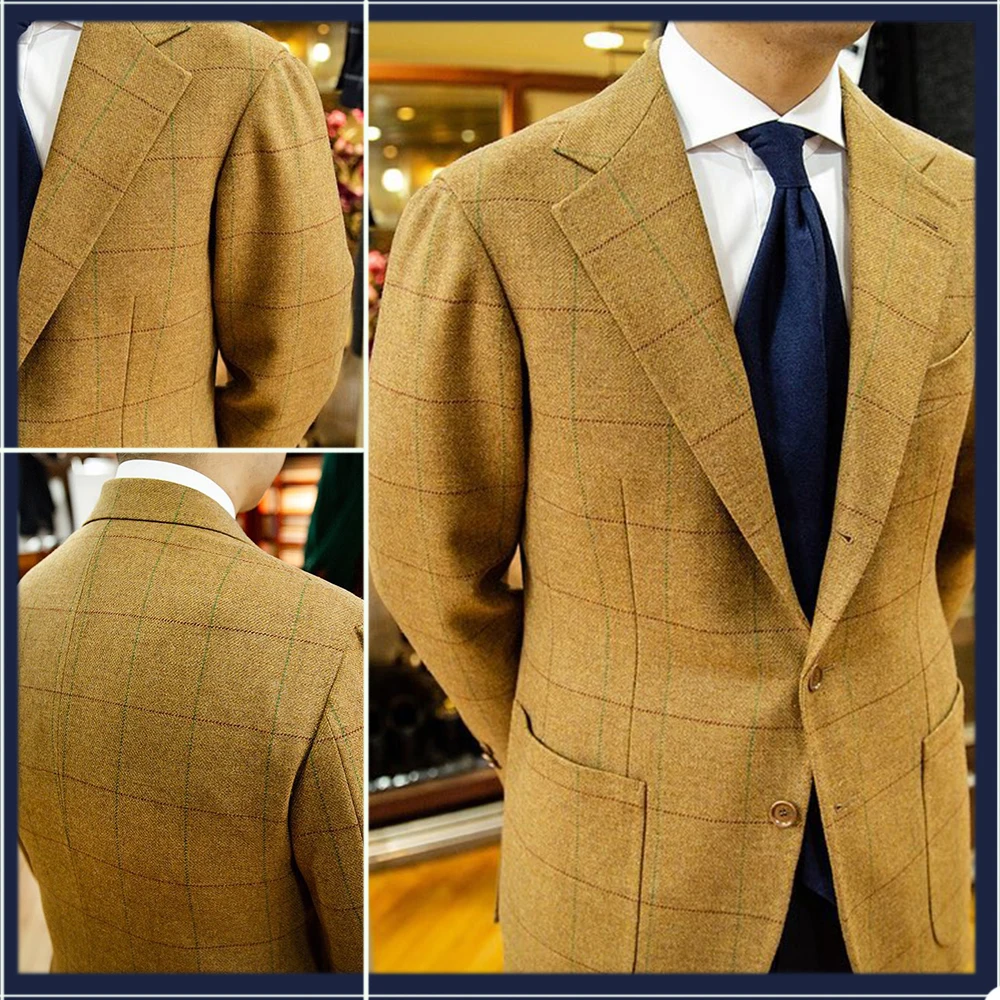 Plaid Woolen Man Suit Jacket Singal Breasted Casual Wram Solid Yellow Party Evening Wedding Groomsman Wear Witer Thick Fashion