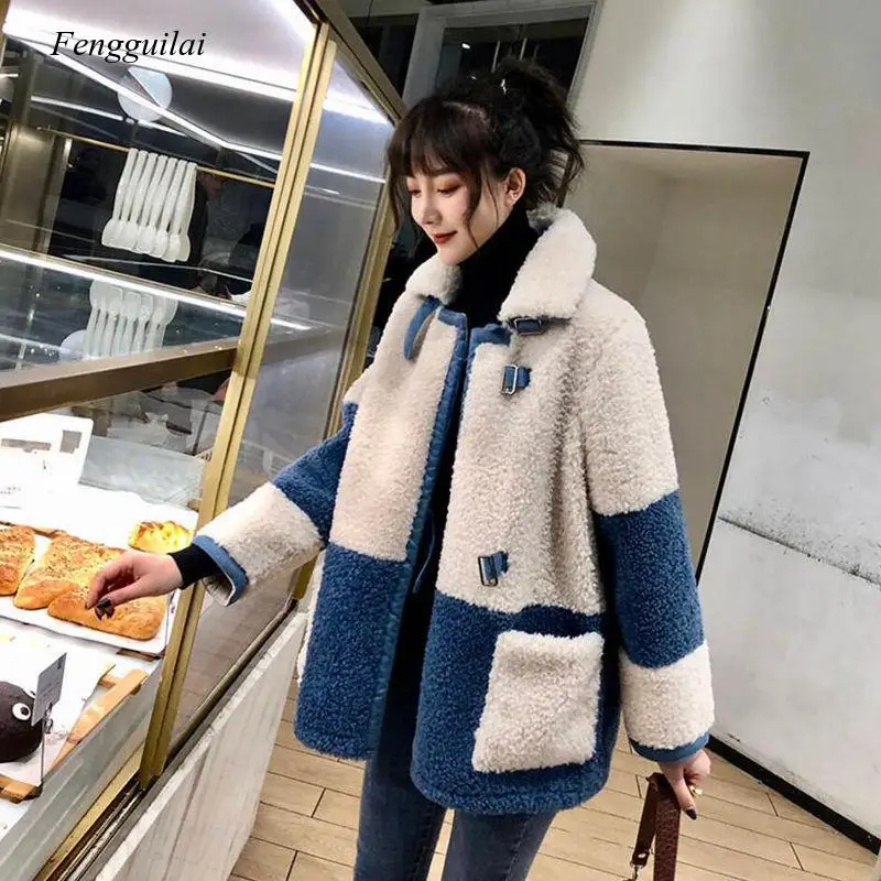 Elegant Patchwork Faux Fur Coat Women 2020 Winter Warm Soft Double Breasted Fur Jacket Female Plush Overcoat with Pocket