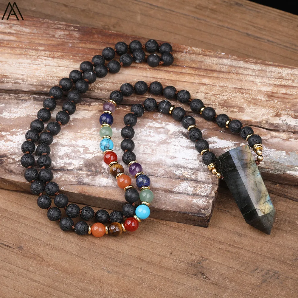 Natural Labradorite Stone Point Pendant 8mm Black Lava Stone Crystal Handmade Knot Necklace Women Yoga Jewelry