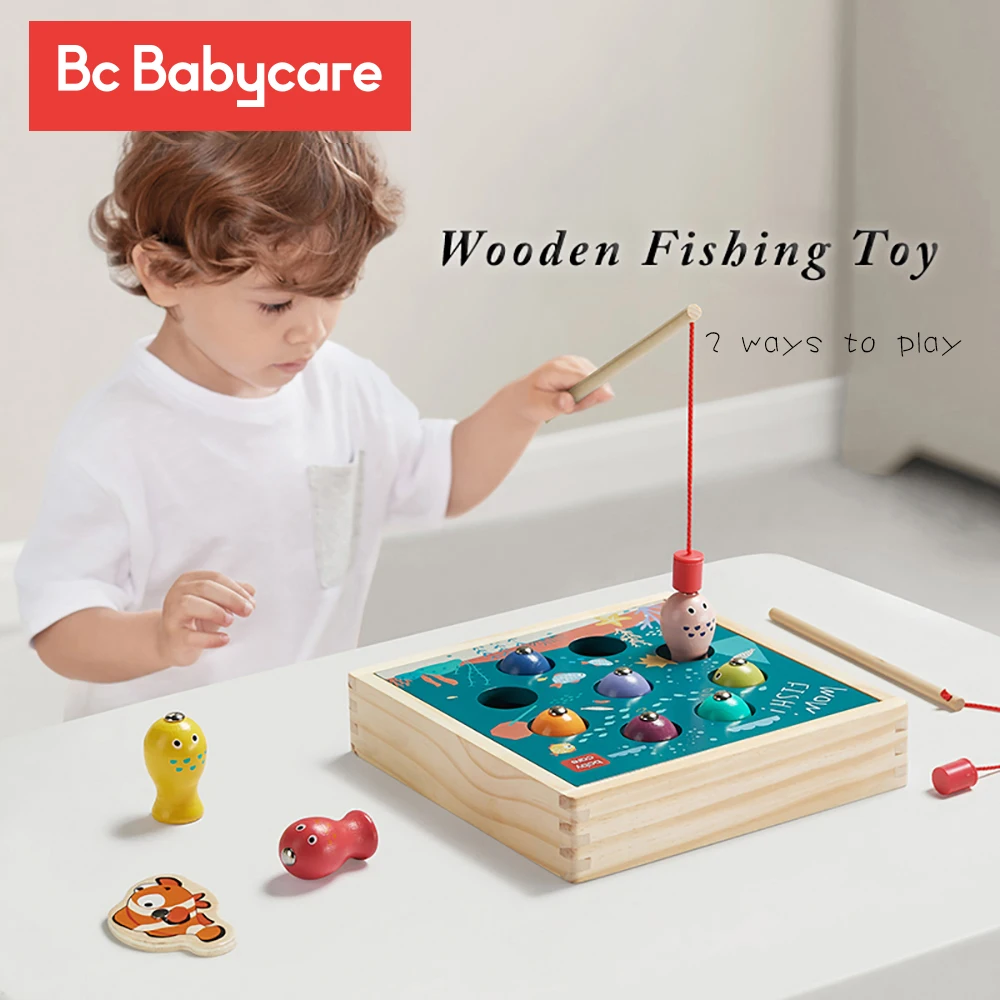 BC Babycare Montessori Educational Wooden Fish Toys Outdoor Sports Funny Magnetic Games Fishing Toy Smooth 3D Fish Two Ways Play