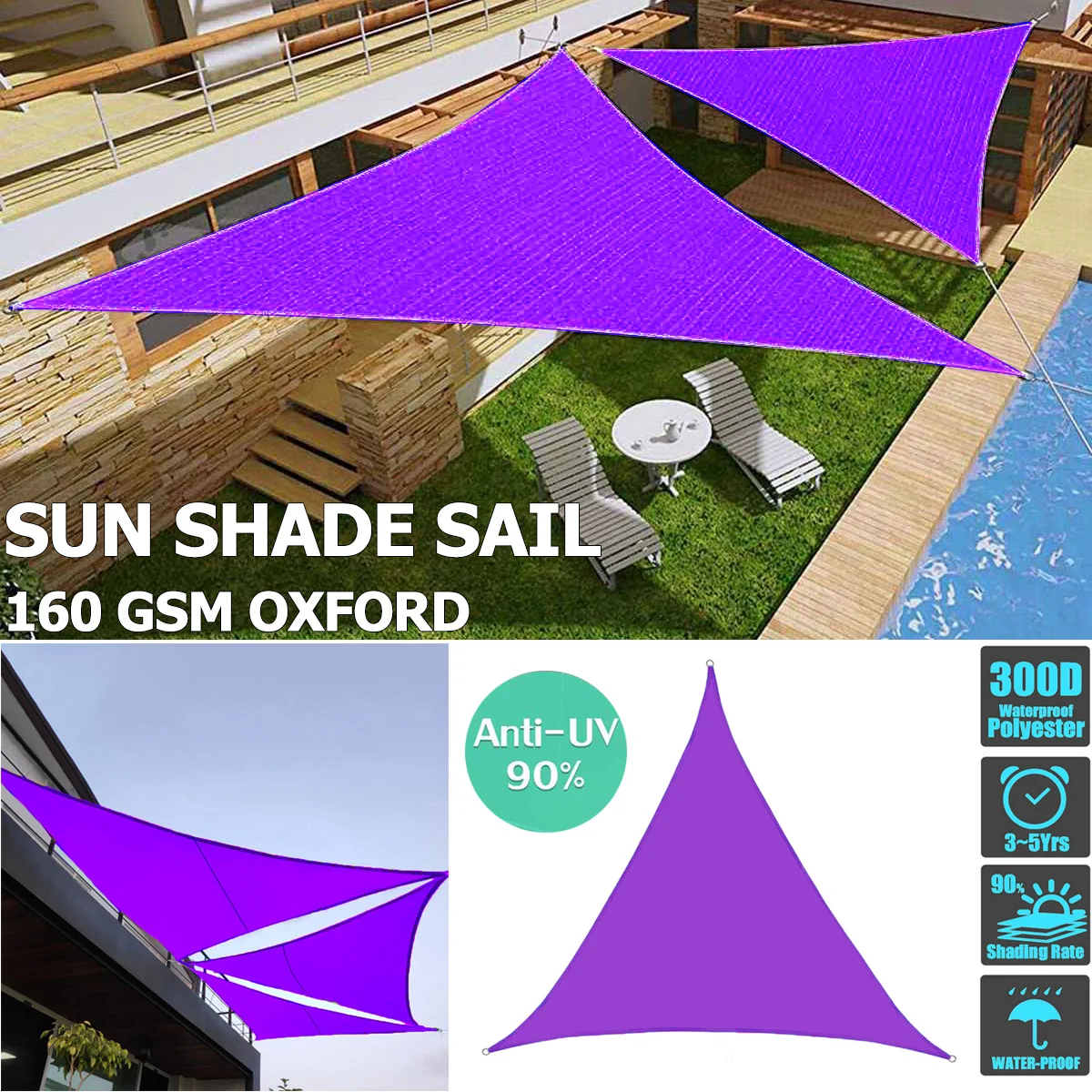 Purple Waterproof Sun Shelter Regular Triangle Sun shade Protection Outdoor Cover Garden Patio Pool Shade Sail Awning Camping