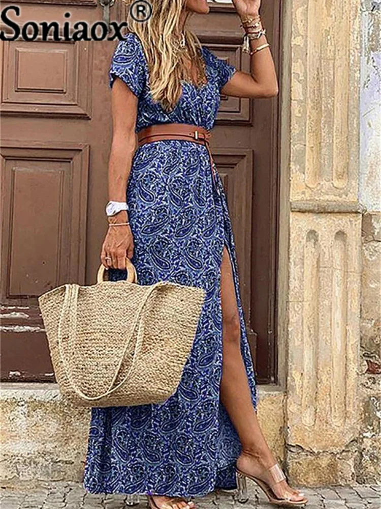 Moda boho vestido longo para senhoras v pescoço manga curta paisley impressão cinto grande hem praia maxi vestido elegante vestido feminino 2021