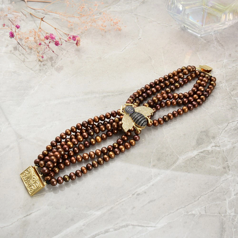 

8'' 7 Strands Brown Pearl CZ Beetle Bracelet Women Lady Fashion Jewelry