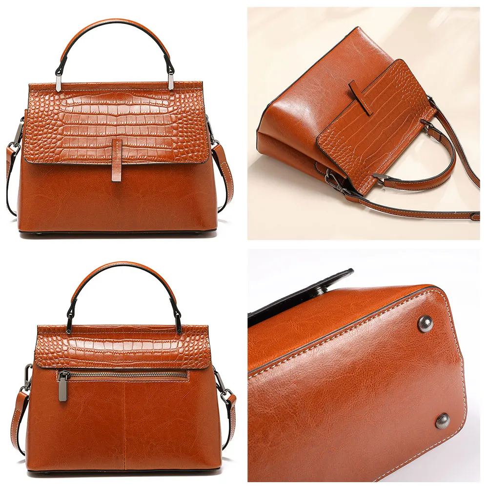 Zency Cowhide Leather Alligator Retro Women Shoulder Bags All-Match Fashion Designer Crossbody Female Cover Chic Tote Handbag