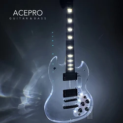 In Stock Acepro Acrylic Body Electric Guitar, White LEDs Crystal Guitarra, Transparent Pickguard, Chrome Hardware Guitarra