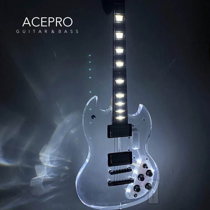 In Stock Acepro Acrylic Body Electric Guitar, White LEDs Crystal Guitarra, Transparent Pickguard, Chrome Hardware Guitarra