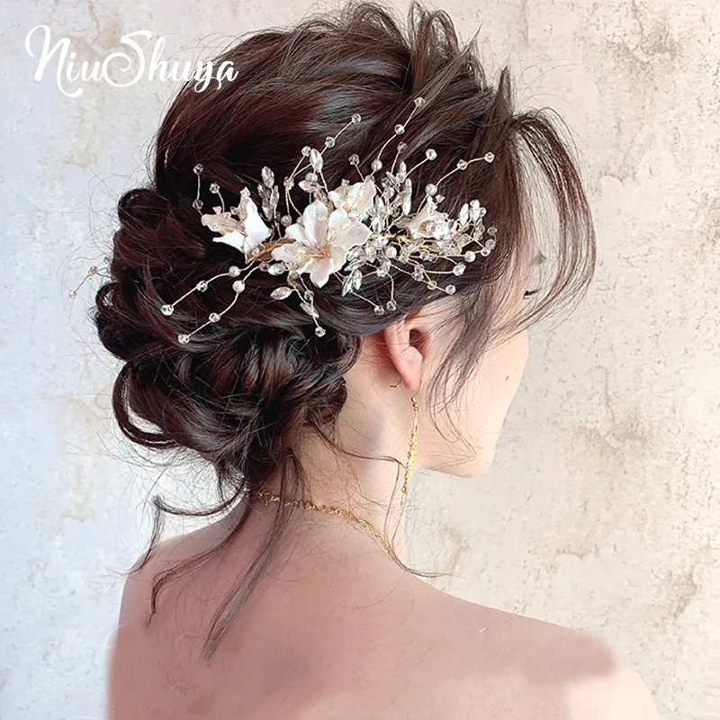 

NiuShuya Pearl Crystal Bridal Hairpins Flower Floral Headpieces Handmade Hairpins Headdress Party Hair Jewelry Wedding Accessory