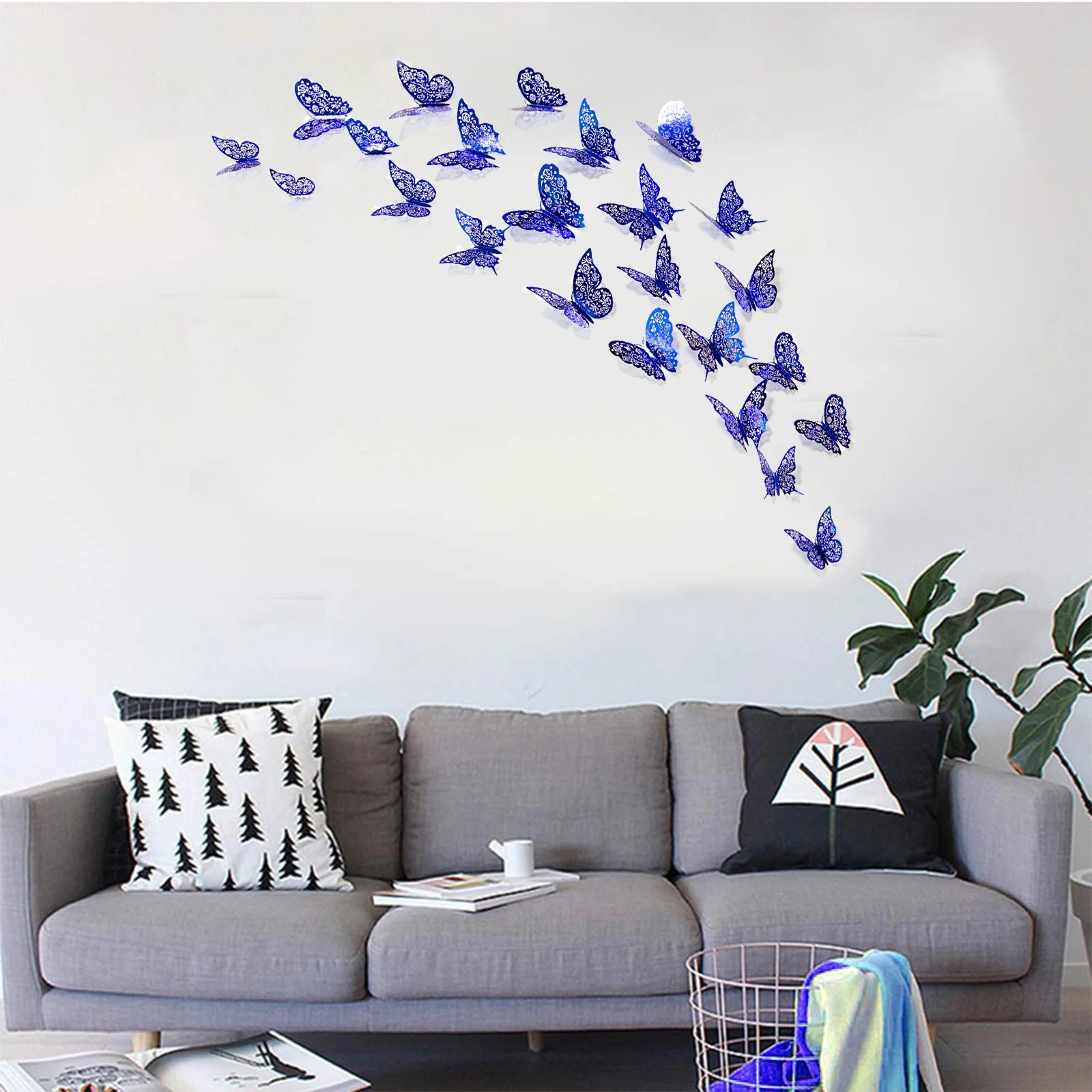 12Pcs New 3D Royal Blue Hollow Butterfly Wall Sticker Paper Rose Flower Design Living Home Decoration Wedding Butterflies Decals