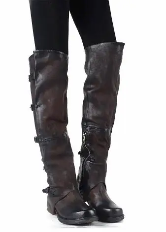 Black Coffee Color Girls Retro 30 mm Heels Sheep Skin 100% Real Leather Knee High Long Boots Buckles Round Toe Knight Boots