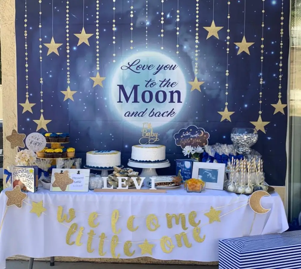 Twinkle Star Baby Dusche Hintergrund Liebe Dich zum Mond und Zurück Baby Dusche Hintergrund Jungen Raum Astronaut Geburtstag Paty decor