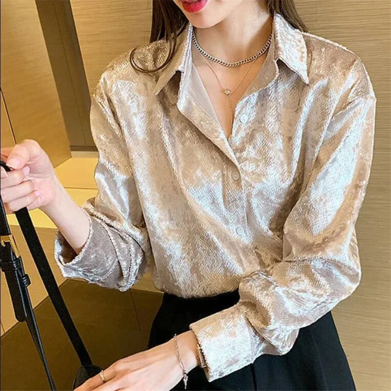 Serpentine Shiny Shirts Women Blouses Lazy Bottoming Shirts Long Sleeve Buttoned Tops Basic OL Simplicity Blouses Female Shirt