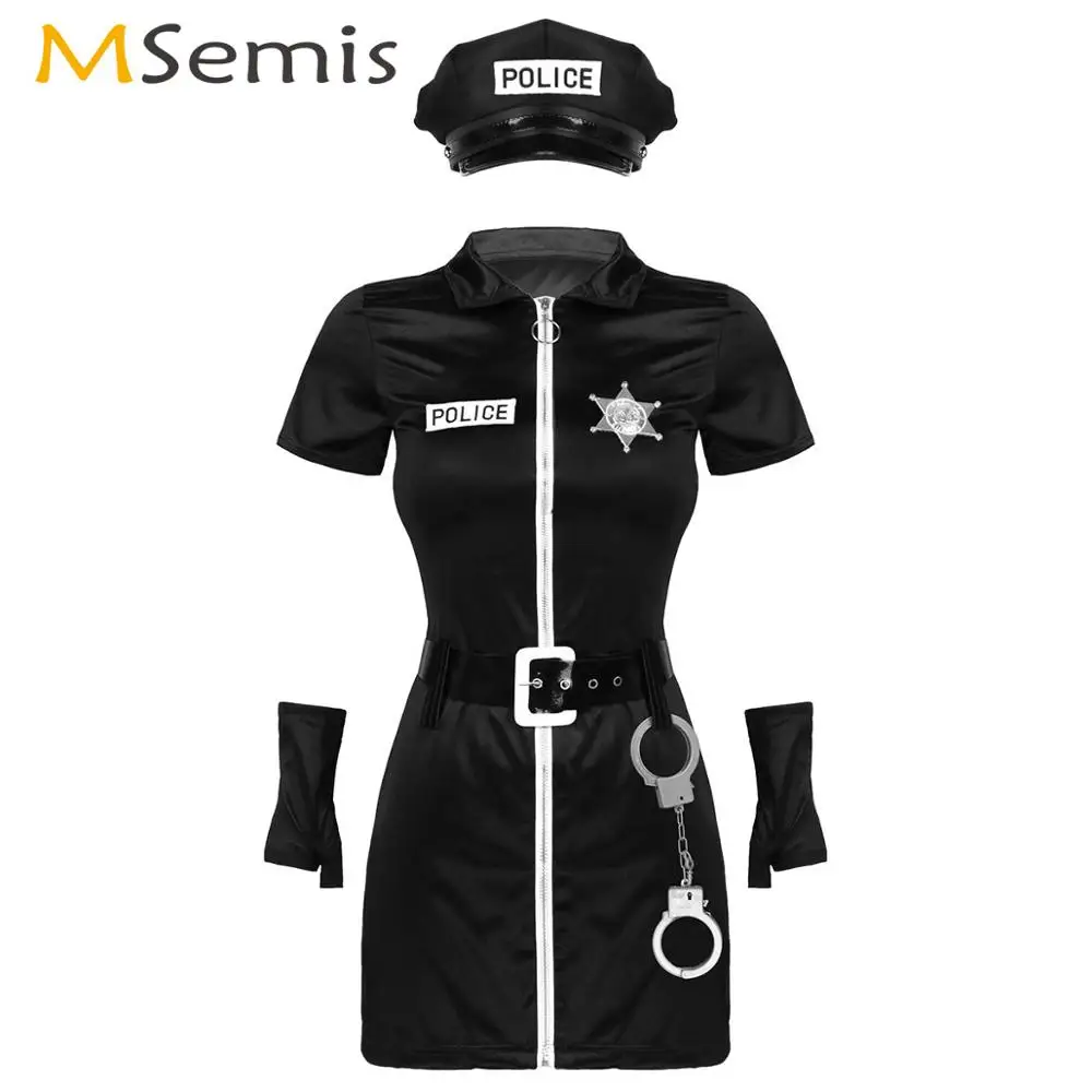 

Womens Sexy Police Officer Costume Cop Cosplay Uniform Turn-down Collar Bodycon Mini Dress with Cuffs Halloween Erotic Role Play